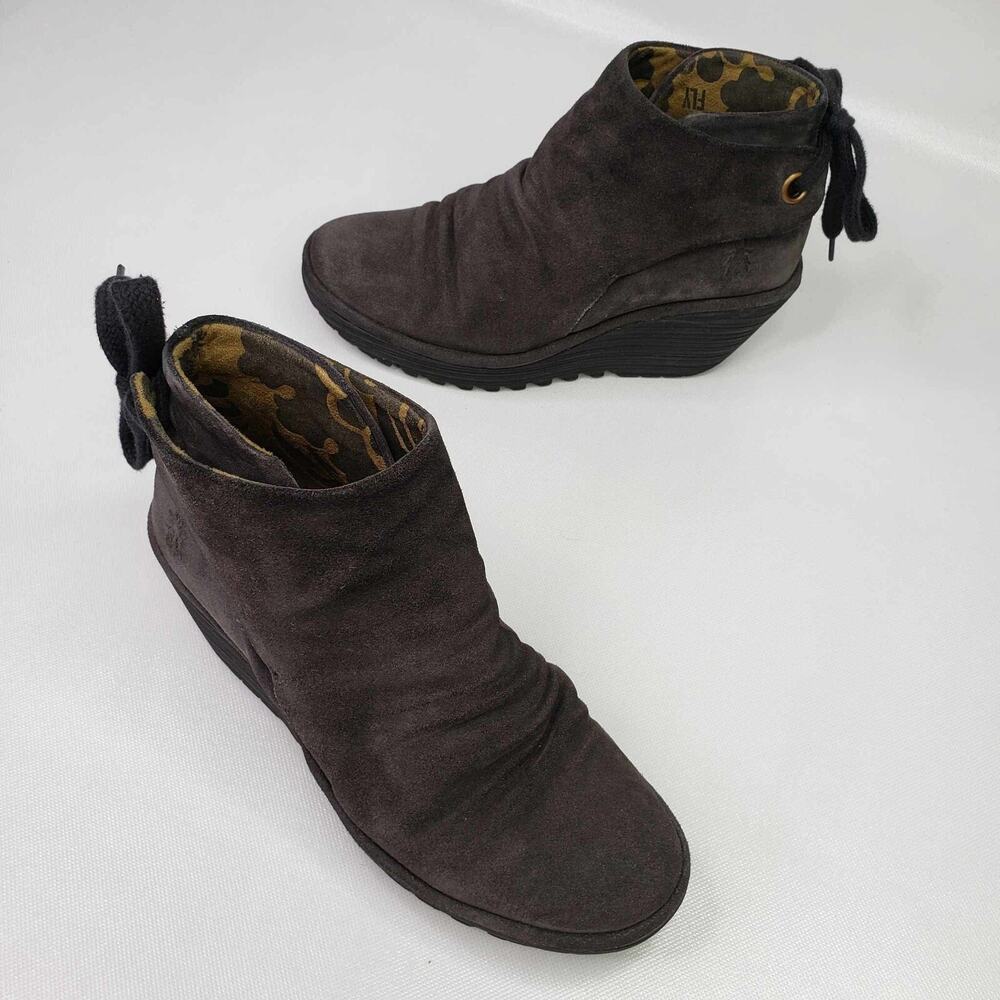 FLY London Boots Yama Yebi Suede Ruched Ankle Gray Women's Size 8 Wedge Bootie